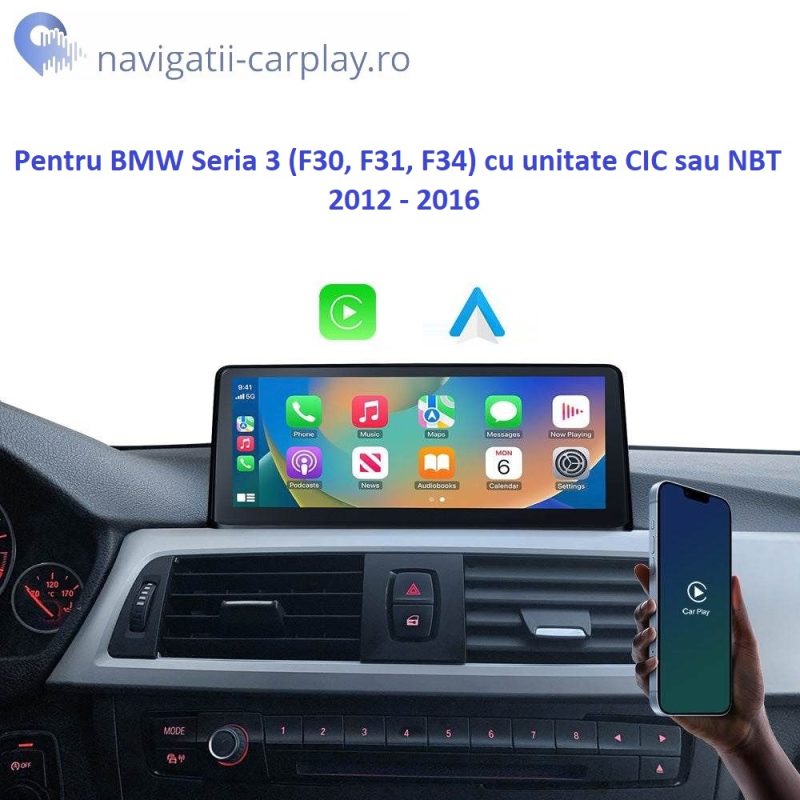 Ecran dedicat cu Apple CarPlay și Android Auto Wireless pentru BMW F30 F31 F34 cu unitate CIC sau NBT