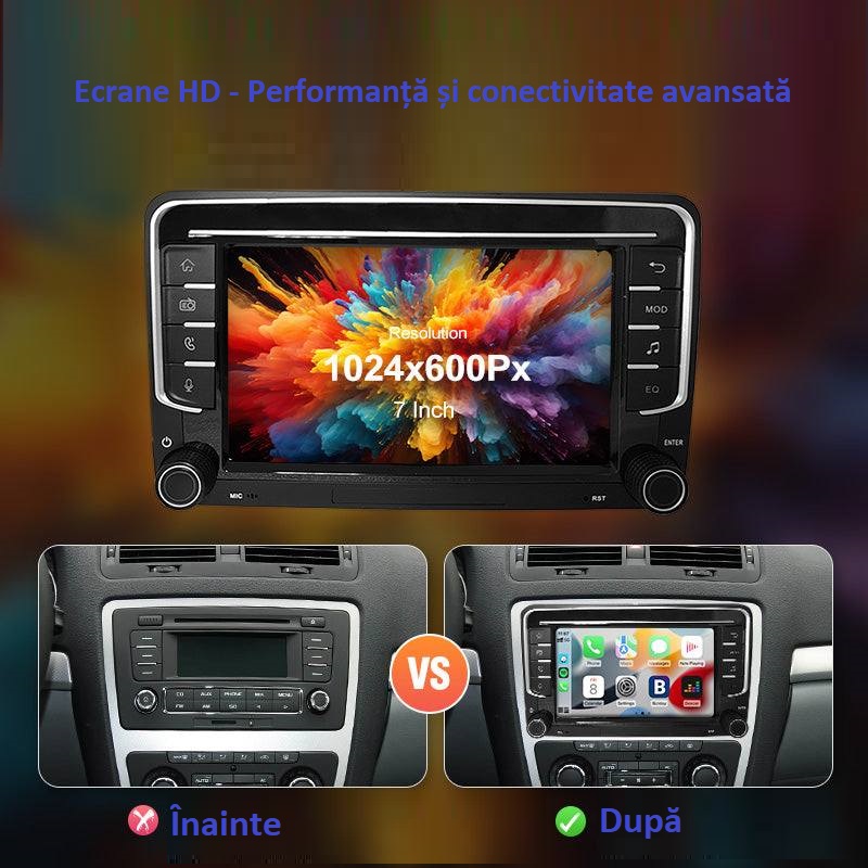 before and after Ecran dedicat 7inch cu Apple CarPlay și Android Auto Wireless pentru Volkswagen Skoda Seat