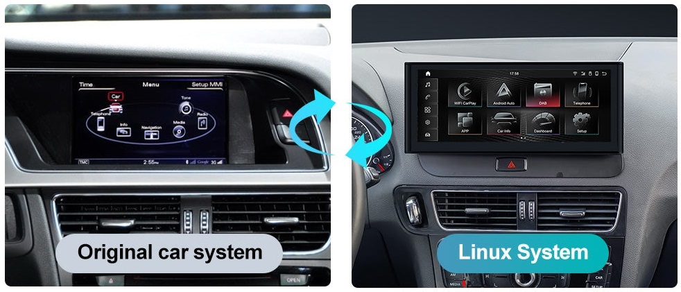 before and after Ecran dedicat cu Apple CarPlay și Android Auto Wireless pentru Audi A1 A3 Q3 A4 A5 A6 A7 Q5