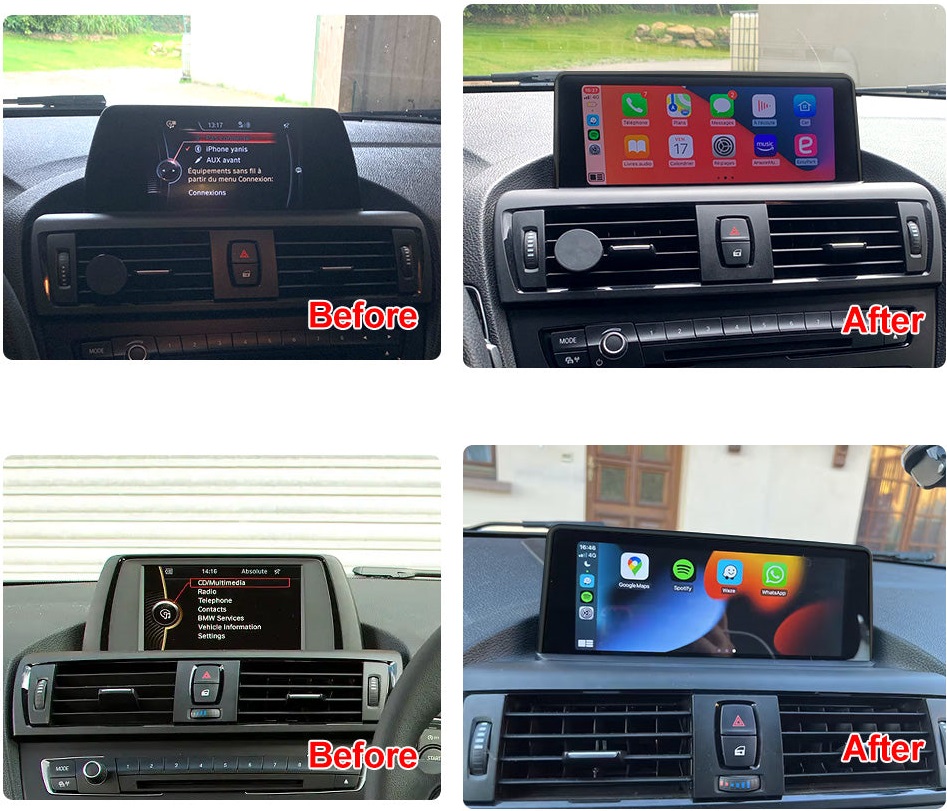 before and after Ecran dedicat cu Apple CarPlay și Android Auto Wireless pentru BMW F20 F21 cu unitate CIC NBT sau EVO