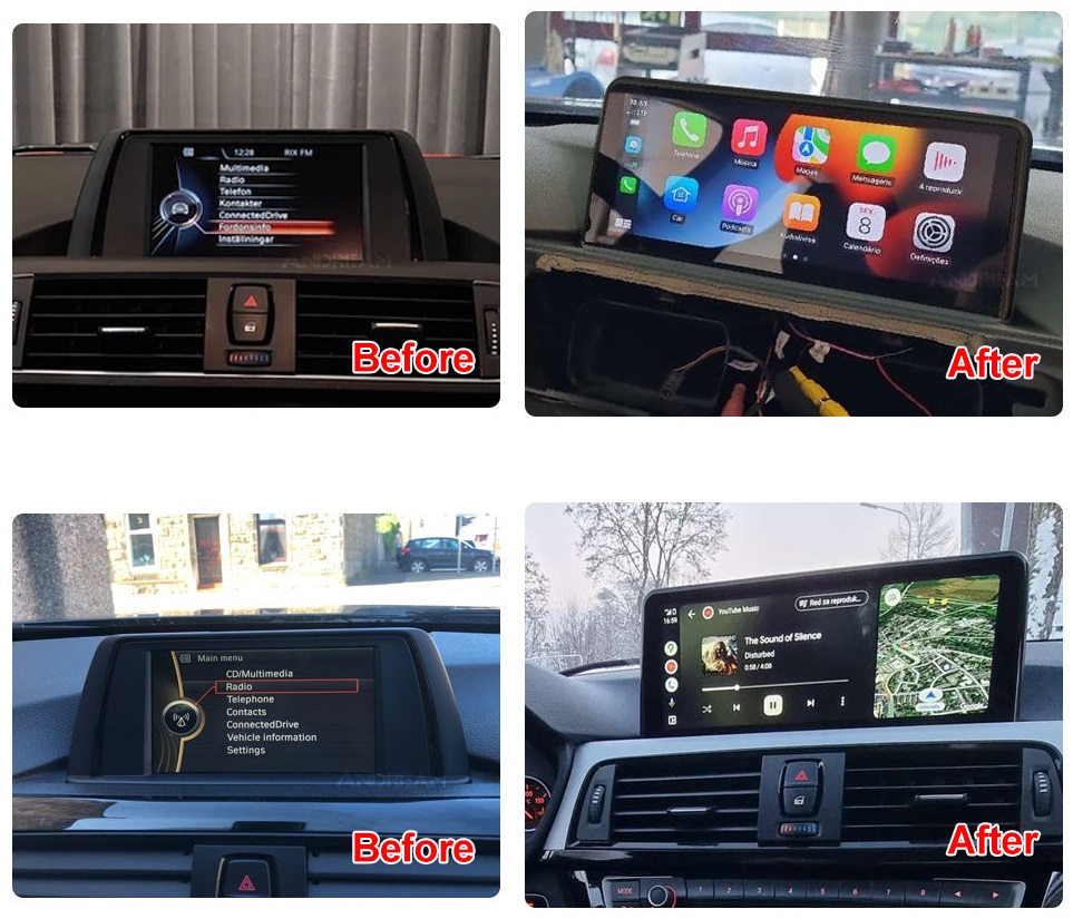 before and after Ecran dedicat cu Apple CarPlay și Android Auto Wireless pentru BMW F30 F31 F34 cu unitate CIC NBT sau EVO