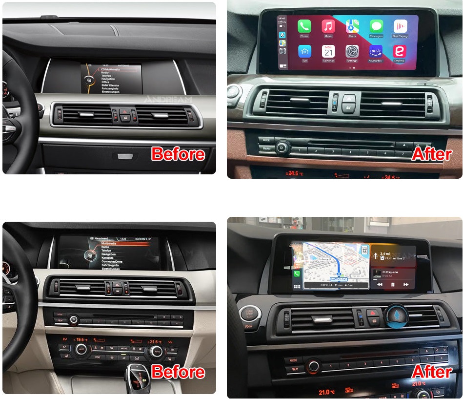 before and after Ecran dedicat cu Apple CarPlay și Android Auto Wireless pentru BMW cu unitate CIC si NBT F10