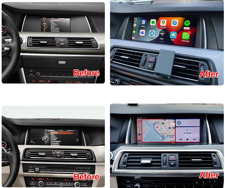 before and after Ecran dedicat cu Apple CarPlay și Android Auto Wireless pentru BMW cu unitate CIC si NBT