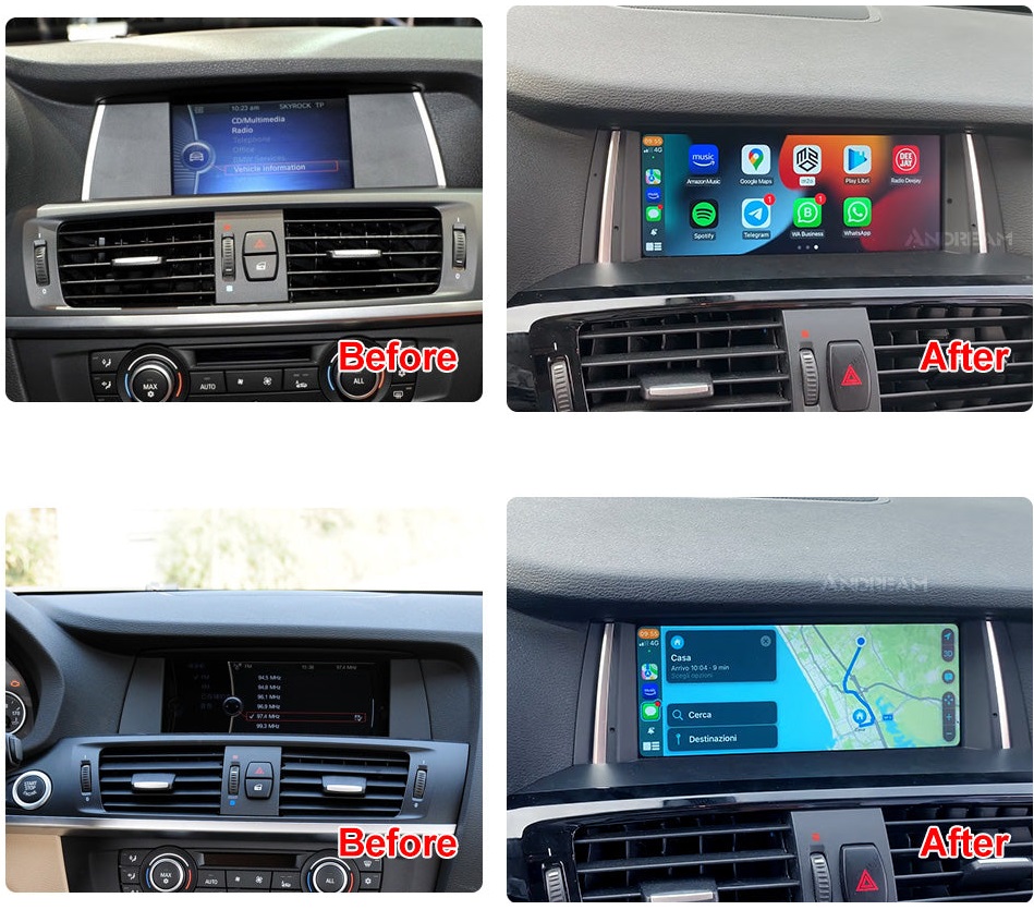 before after Ecran dedicat cu Apple CarPlay și Android Auto Wireless pentru BMW X3 F25 si X4 F26 cu unitate CIC sau NBT